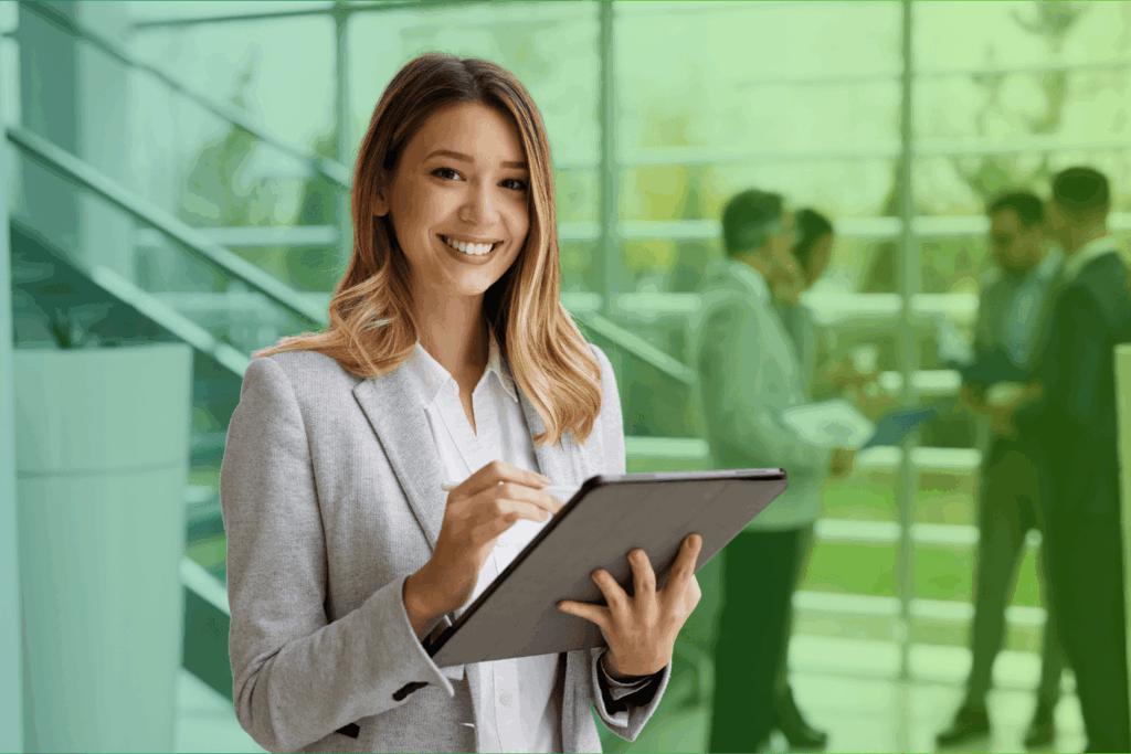 Businesswoman smiling while using a tablet