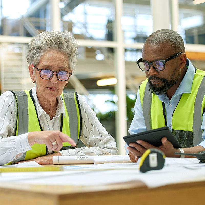 Two colleagues reviewing papers