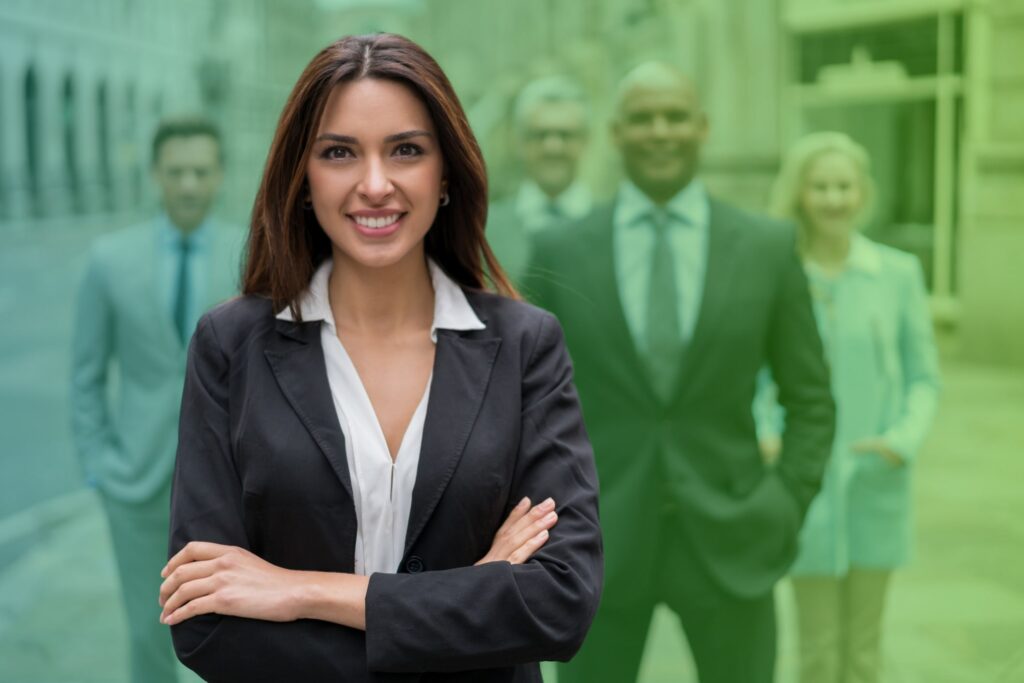 Smiling woman with arms folded